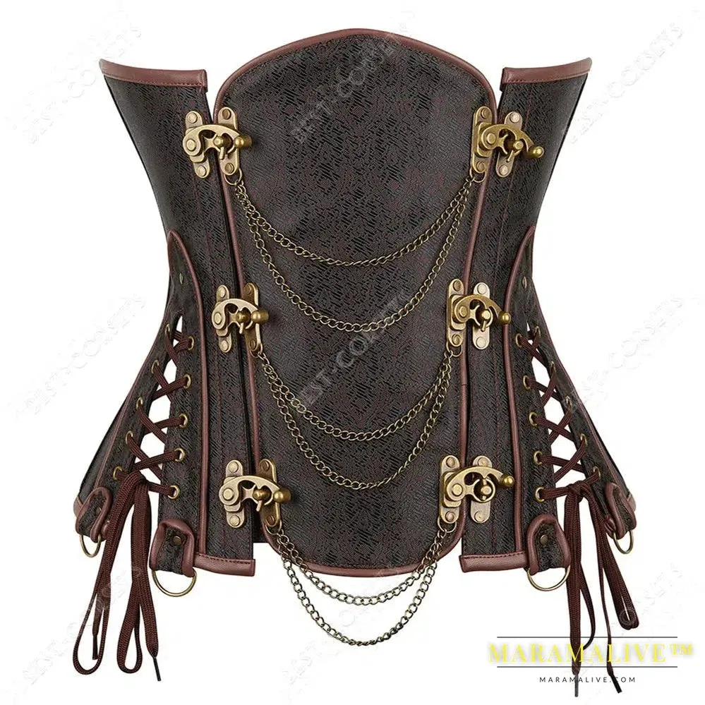 Brown Corset Women Steampunk Faux Leather Underbust Corset Steel Boned Bustier Gothic Chain Couture Corset Underbust