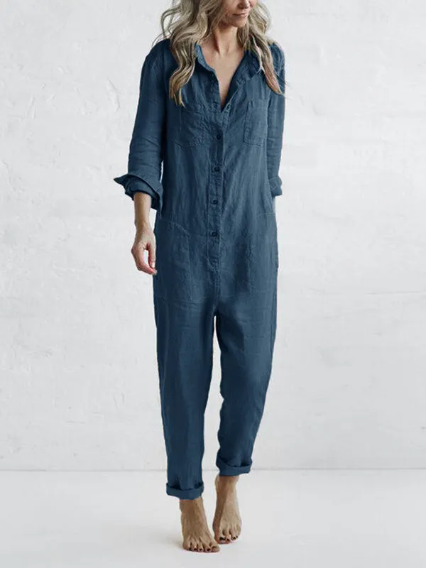 Button Up Casual Lapel Pocket Long Sleeve Jumpsuit