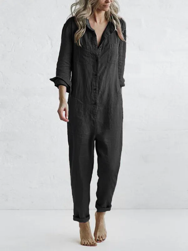 Button Up Casual Lapel Pocket Long Sleeve Jumpsuit