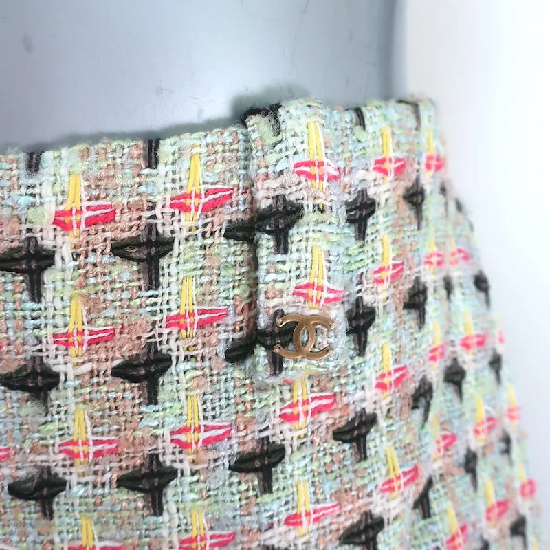 Chanel 02P Tweed Skirt Mint/Multicolor Cotton-Linen Size 42