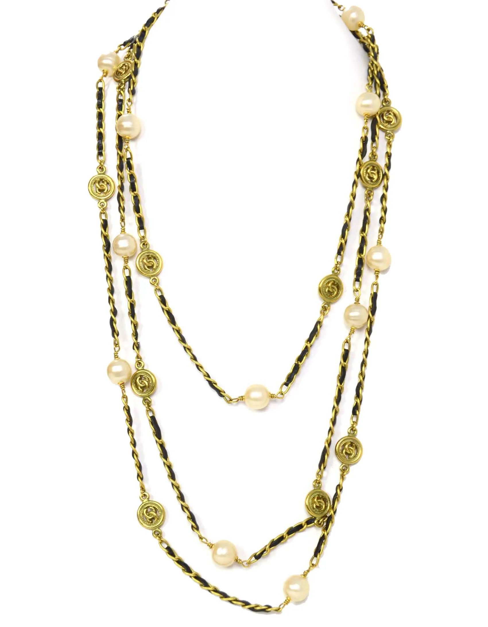 Chanel Vintage '94 Leather Woven Chain Link 82" Necklace