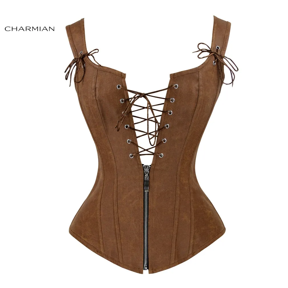 Charmian Faux Leather Sexy Brown Zipper Steampunk Overbust Lace Up