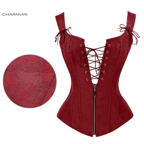 Charmian Faux Leather Sexy Brown Zipper Steampunk Overbust Lace Up