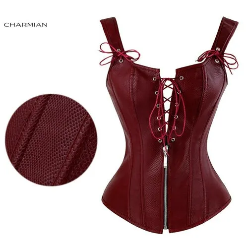 Charmian Faux Leather Sexy Brown Zipper Steampunk Overbust Lace Up