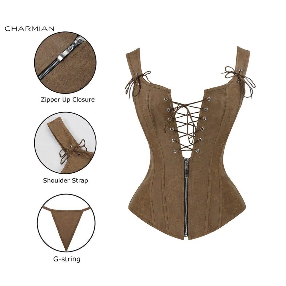 Charmian Faux Leather Sexy Brown Zipper Steampunk Overbust Lace Up