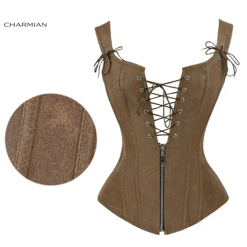 Charmian Faux Leather Sexy Brown Zipper Steampunk Overbust Lace Up