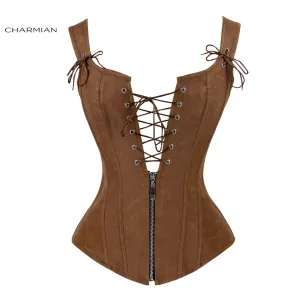 Charmian Faux Leather Sexy Brown Zipper Steampunk Overbust Lace Up