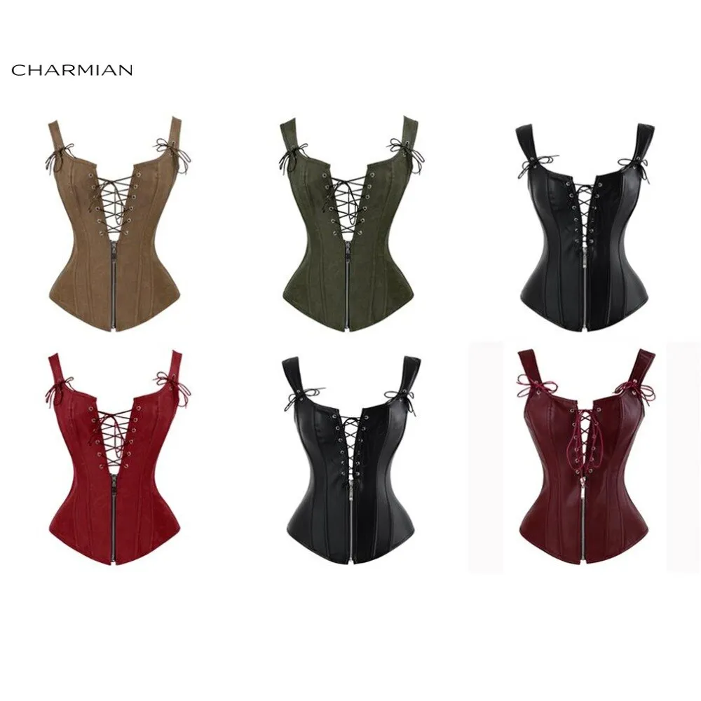Charmian Faux Leather Sexy Brown Zipper Steampunk Overbust Lace Up