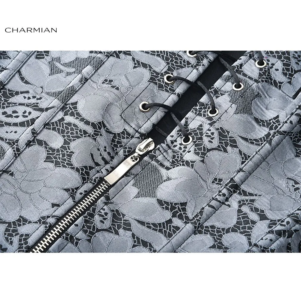 Charmian Sexy Steampunk Floral Jacquard Zipper Overbust Corset Wide