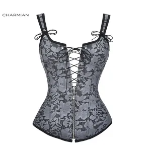Charmian Sexy Steampunk Floral Jacquard Zipper Overbust Corset Wide