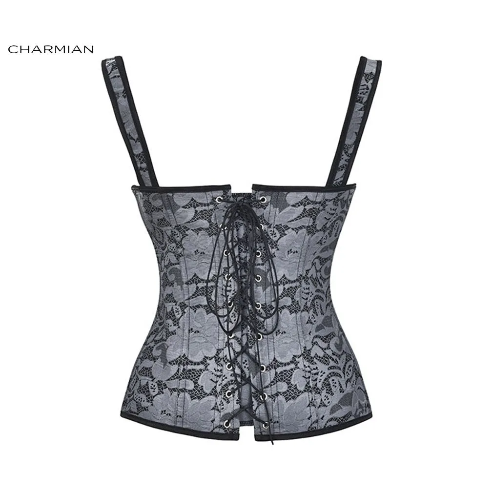 Charmian Sexy Steampunk Floral Jacquard Zipper Overbust Corset Wide
