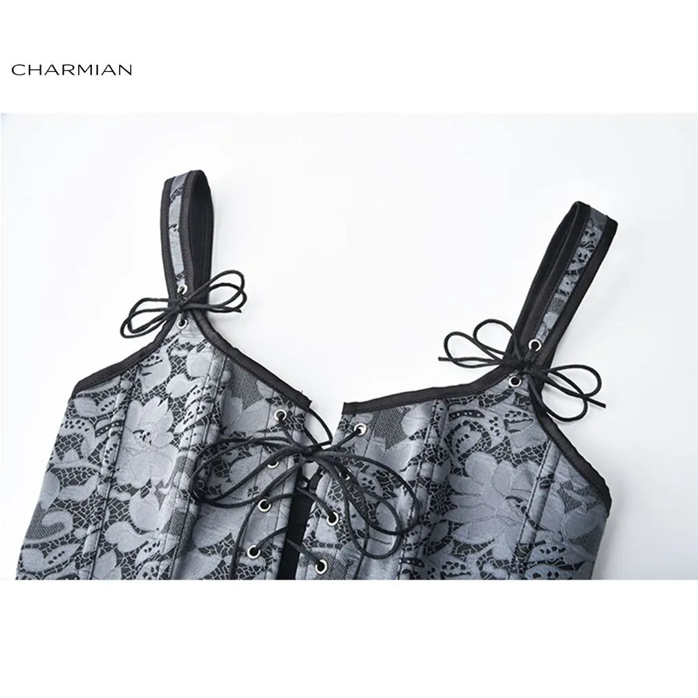 Charmian Sexy Steampunk Floral Jacquard Zipper Overbust Corset Wide