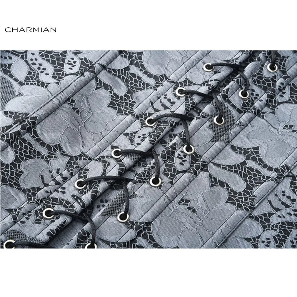 Charmian Sexy Steampunk Floral Jacquard Zipper Overbust Corset Wide