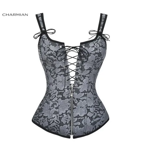Charmian Sexy Steampunk Floral Jacquard Zipper Overbust Corset Wide