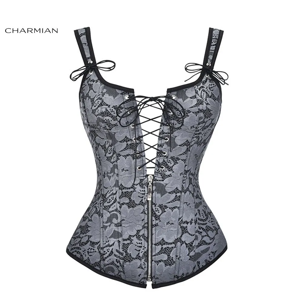 Charmian Sexy Steampunk Floral Jacquard Zipper Overbust Corset Wide