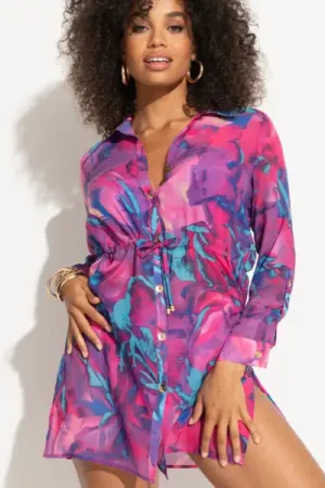 Chiffon Button Through Beach Shirt  In Purple - Pour Moi