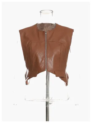 Classic Cropped Faux Leather Zipper Vest