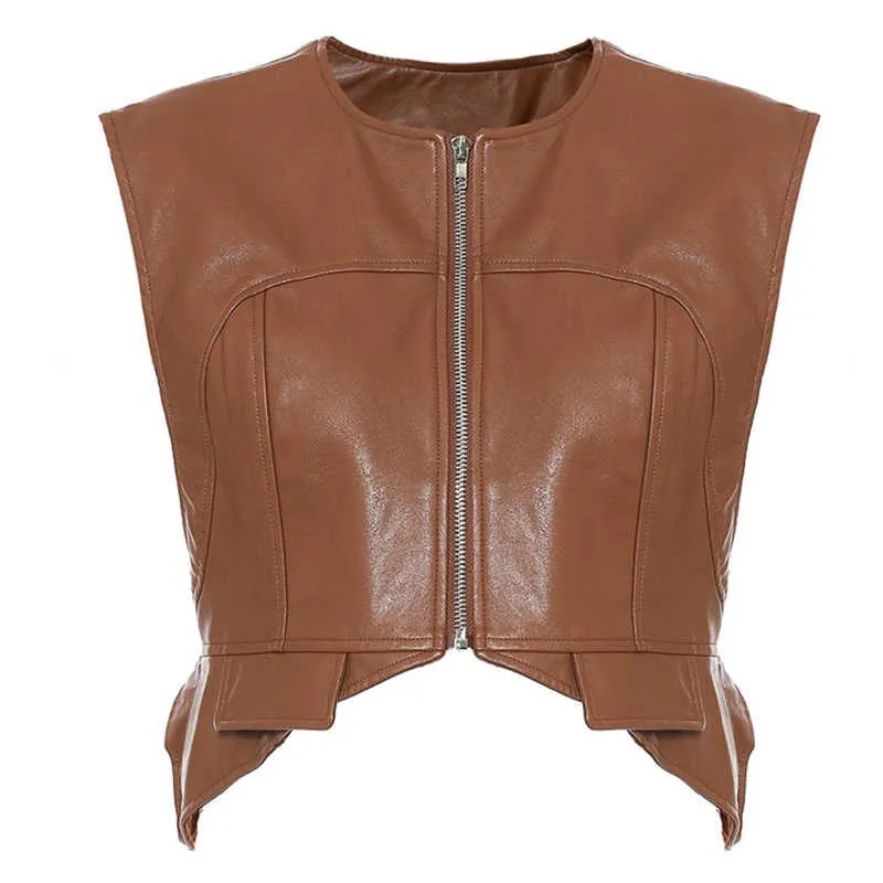 Classic Cropped Faux Leather Zipper Vest