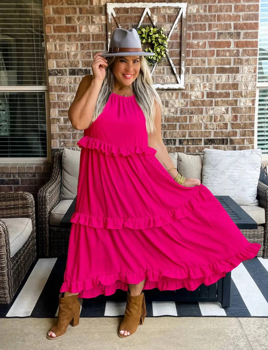 Coco Linen Midi Dress in Hot Pink