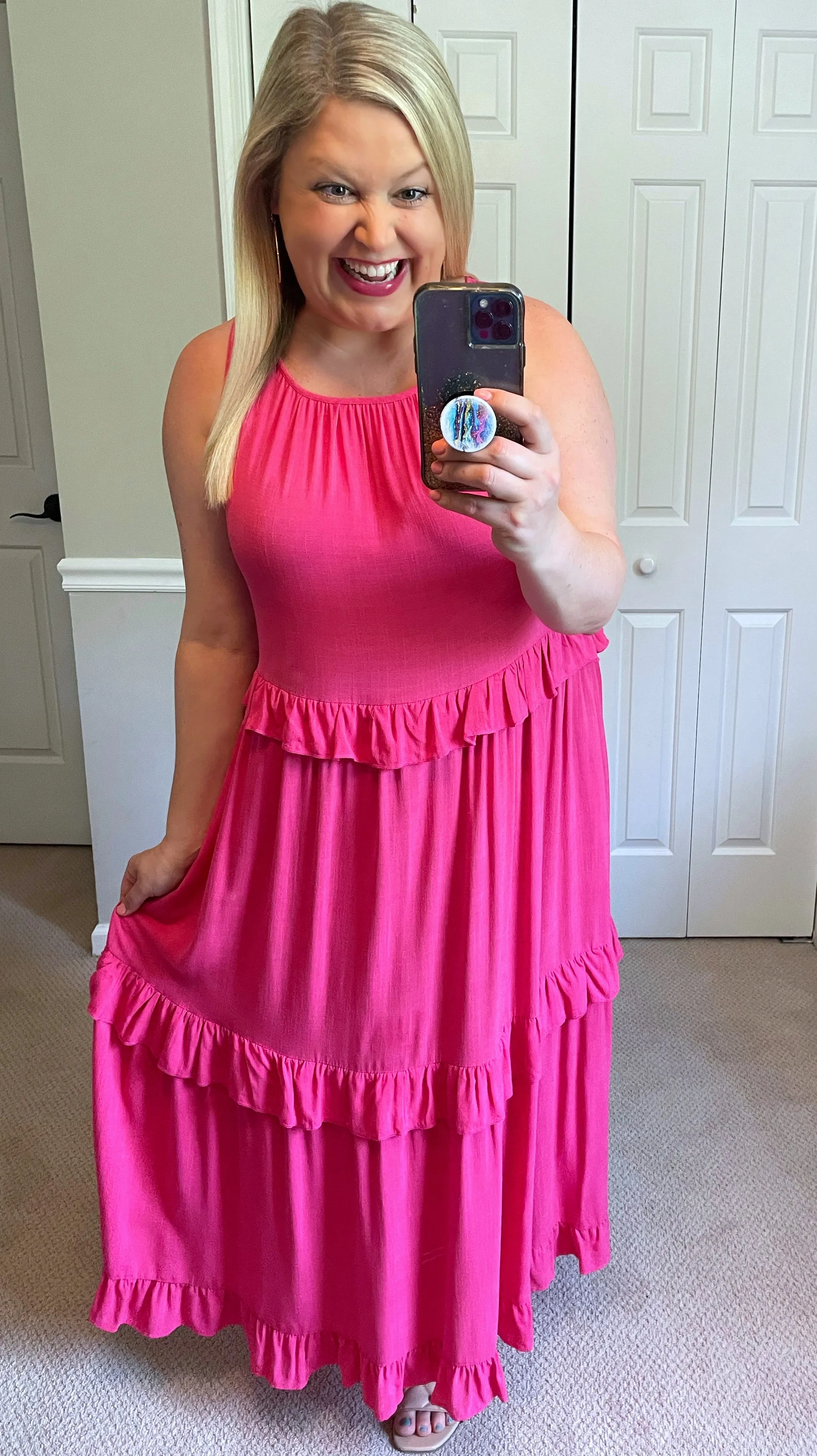 Coco Linen Midi Dress in Hot Pink