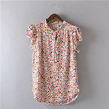 Comfortable casual Open collar Short sleeve Lively lady Blouse Striped flowers Solid Polka Dot Shirts Women's shirt tops,nc14