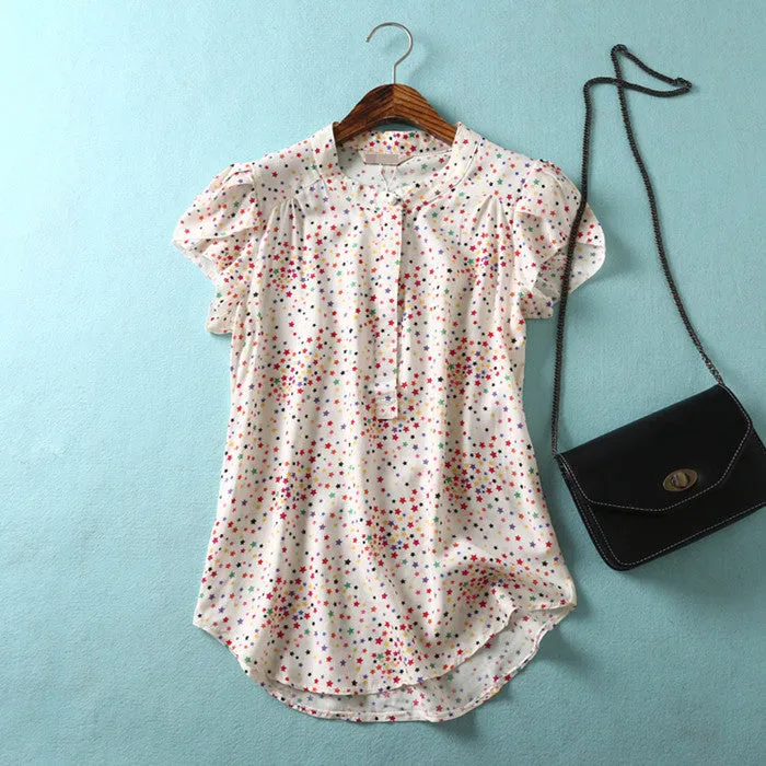 Comfortable casual Open collar Short sleeve Lively lady Blouse Striped flowers Solid Polka Dot Shirts Women's shirt tops,nc14
