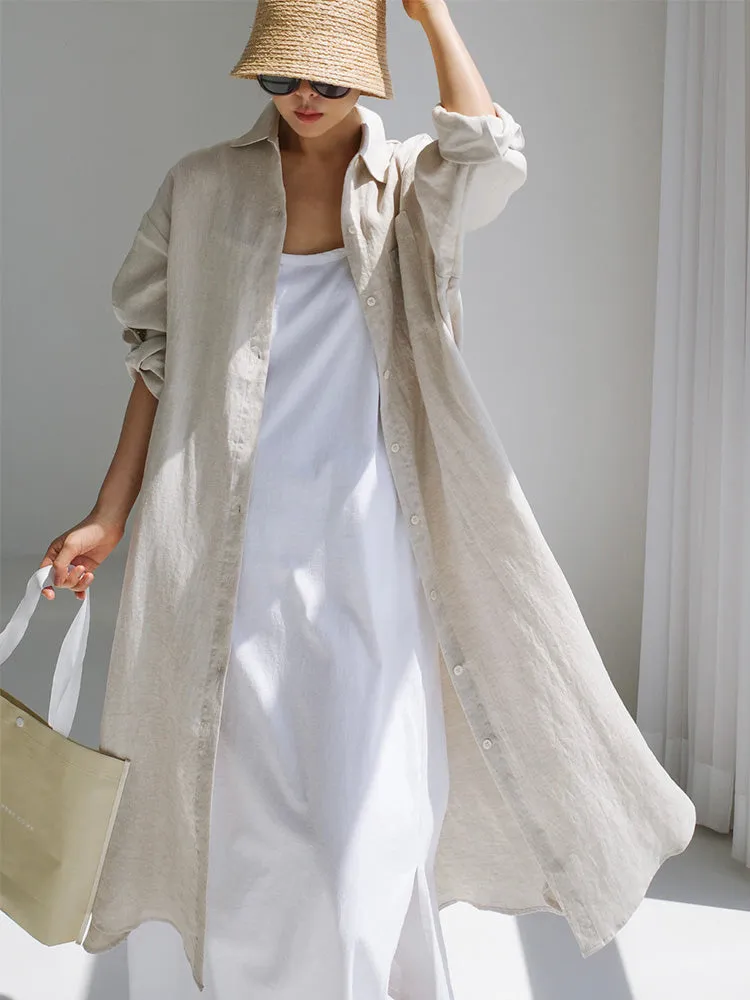 Cotton and Linen Shirt Dress with Side Slits