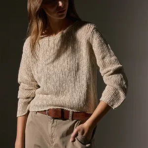 Cotton Linen Open Knit Pullover - Natural