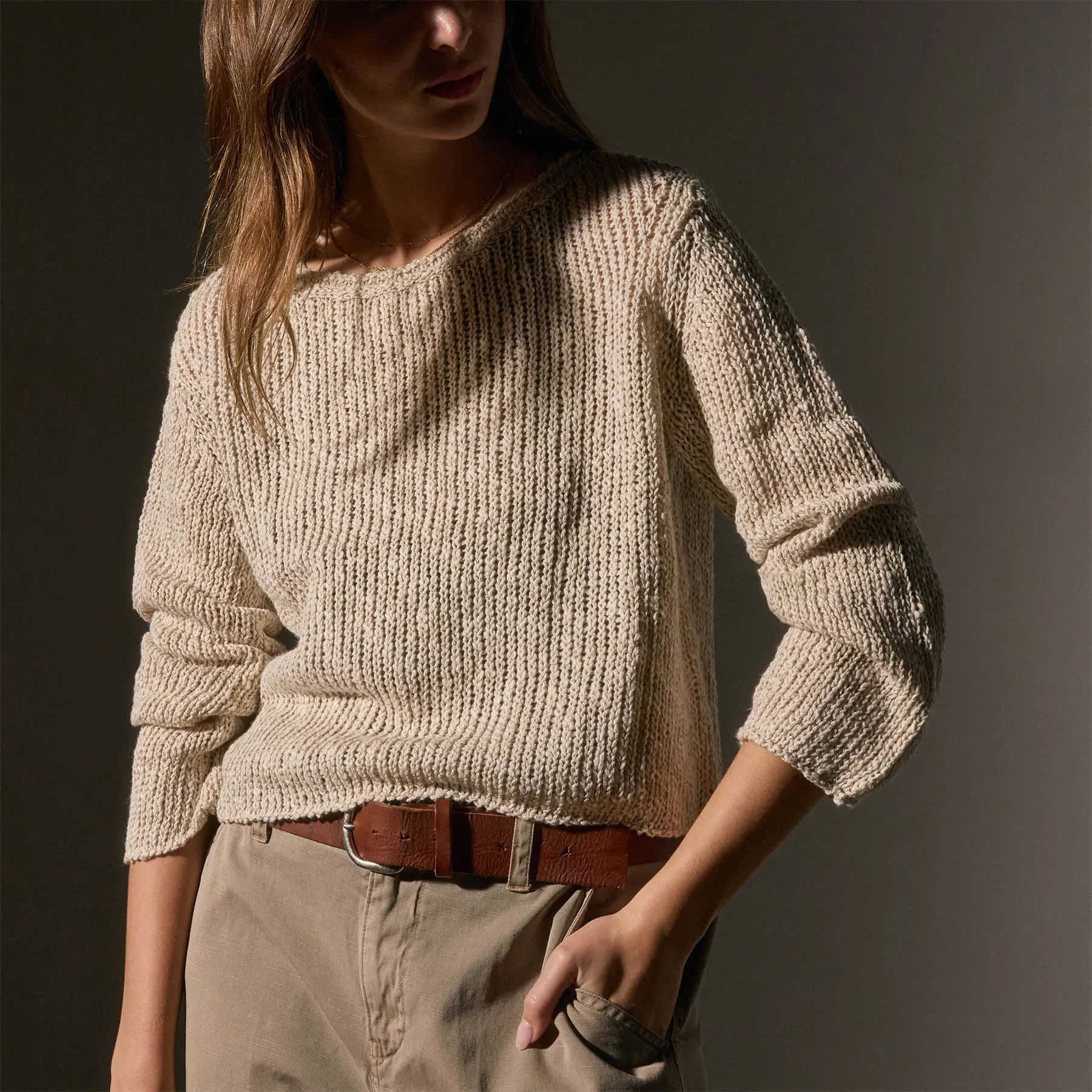 Cotton Linen Open Knit Pullover - Natural