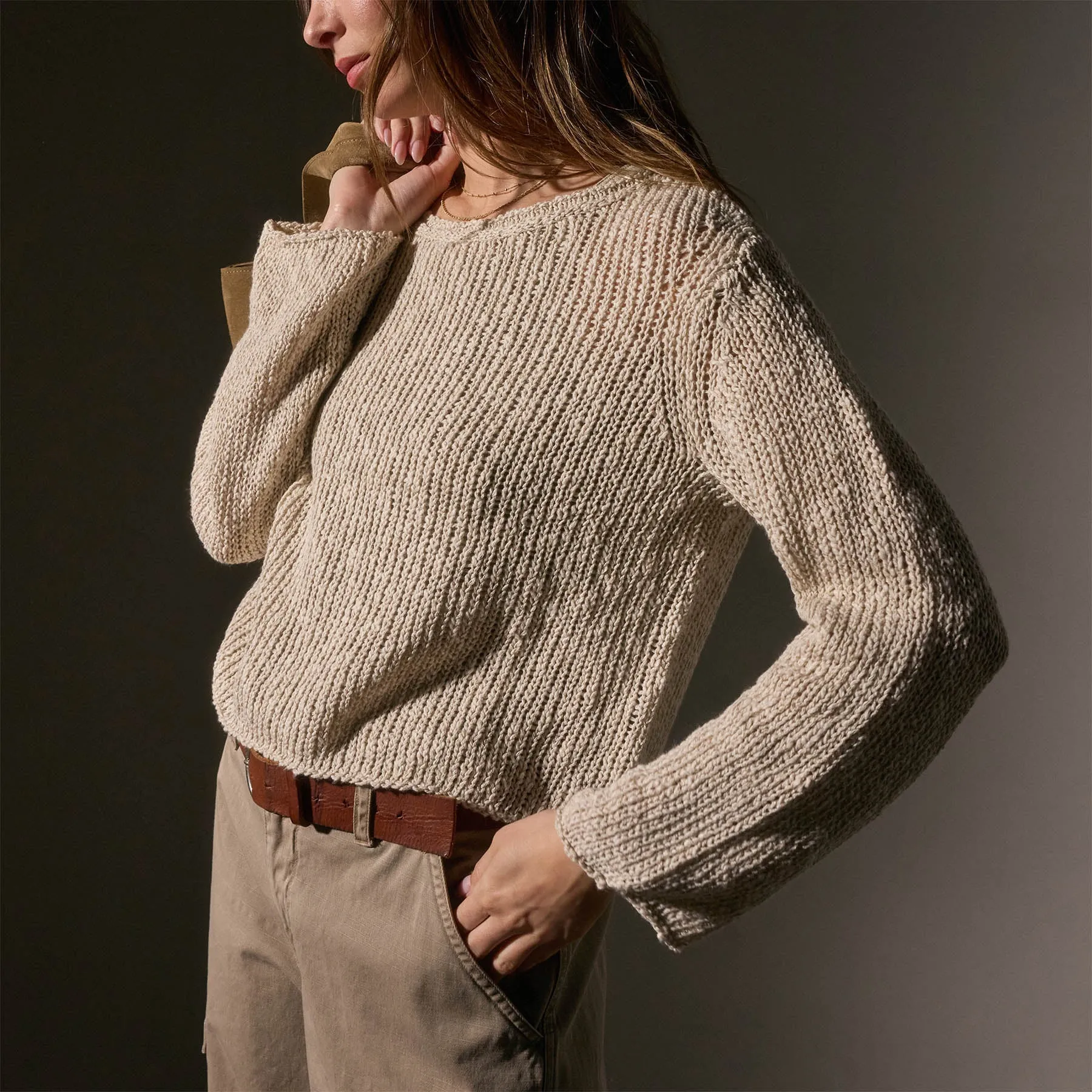 Cotton Linen Open Knit Pullover - Natural
