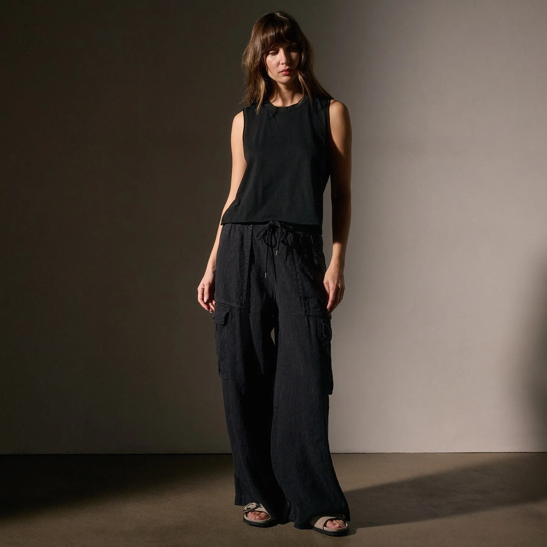 Cotton Linen Silk Shell Top - Black