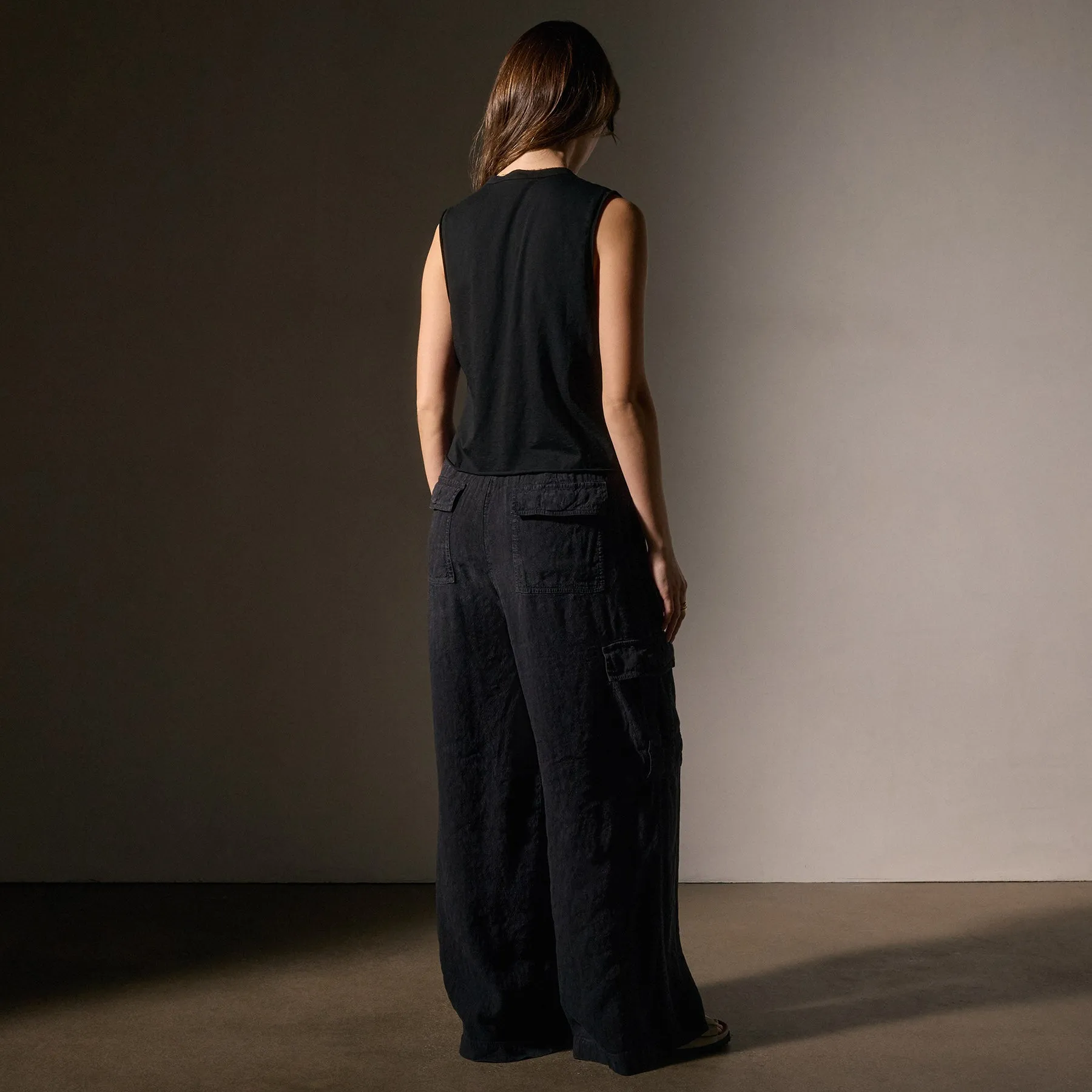 Cotton Linen Silk Shell Top - Black
