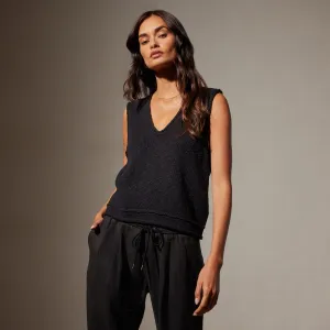 Cotton Linen V Neck Vest - Black