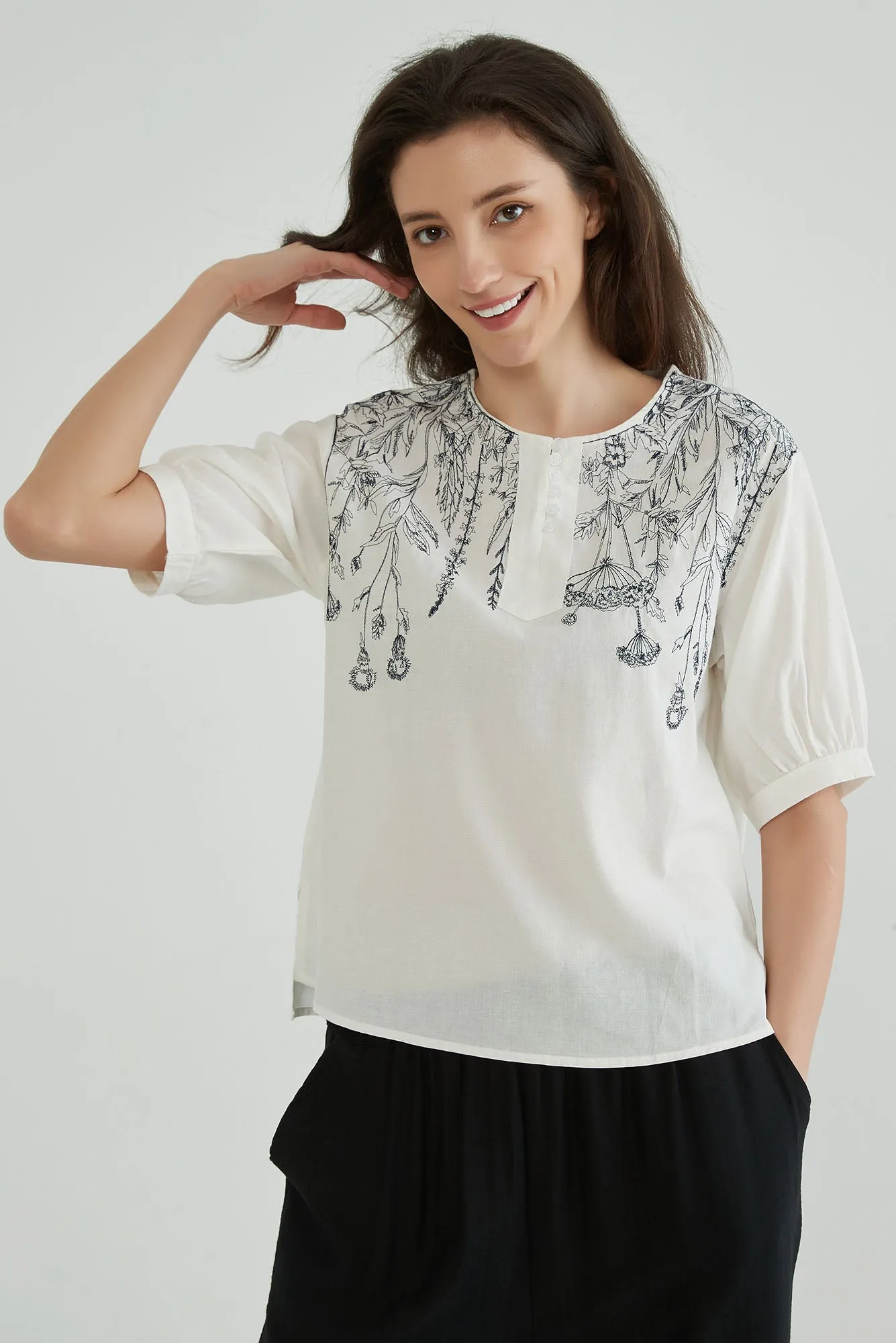 Cotton Linen White Embroidered Top