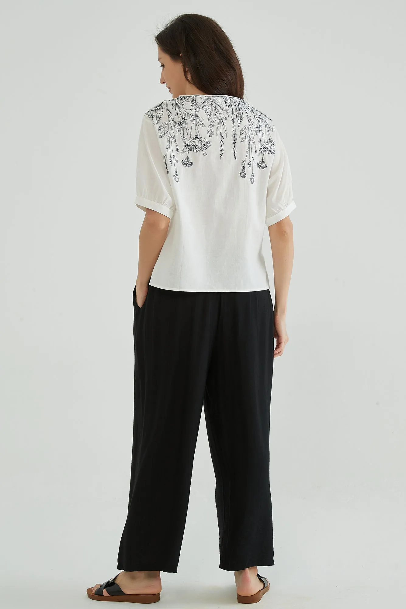 Cotton Linen White Embroidered Top