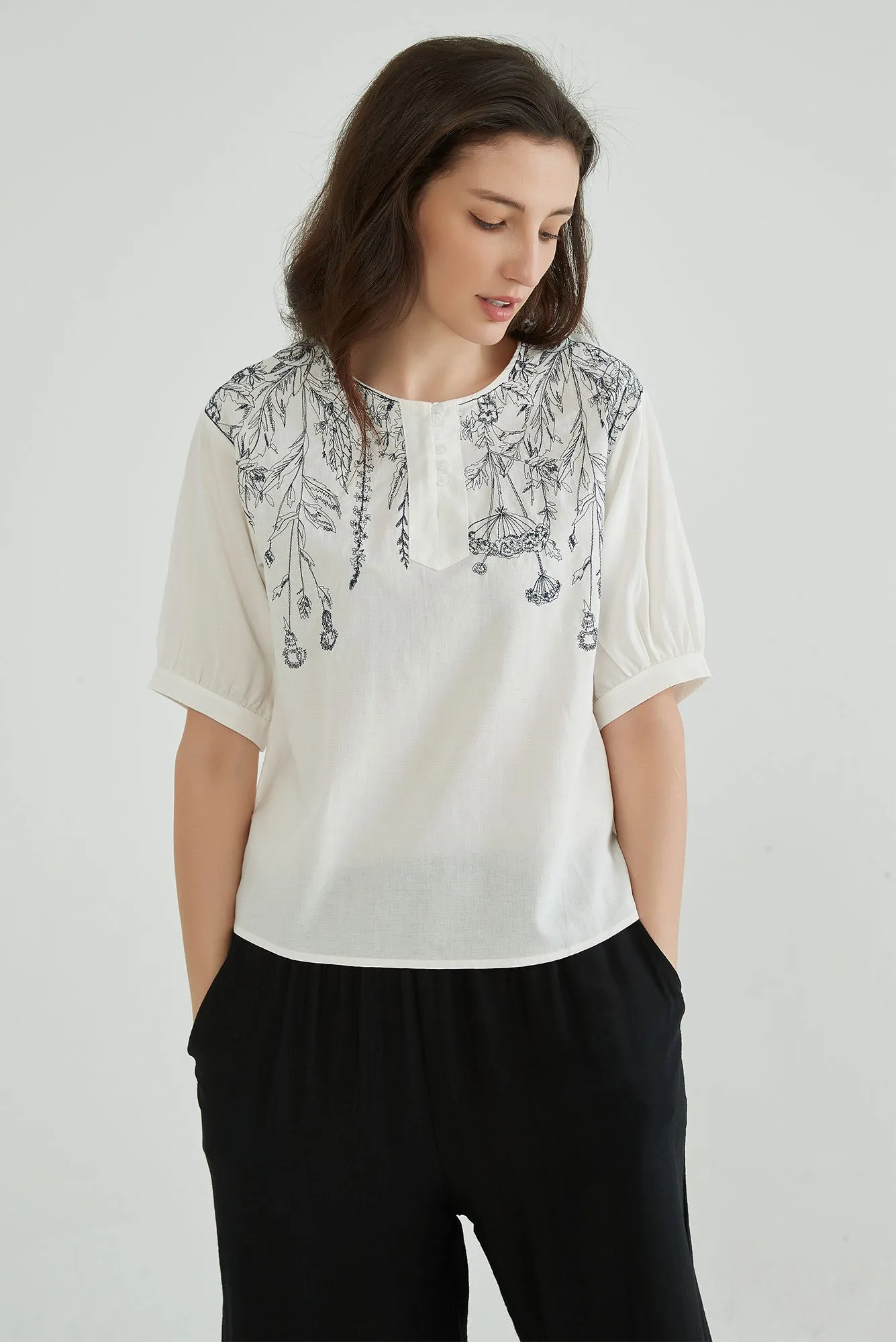 Cotton Linen White Embroidered Top