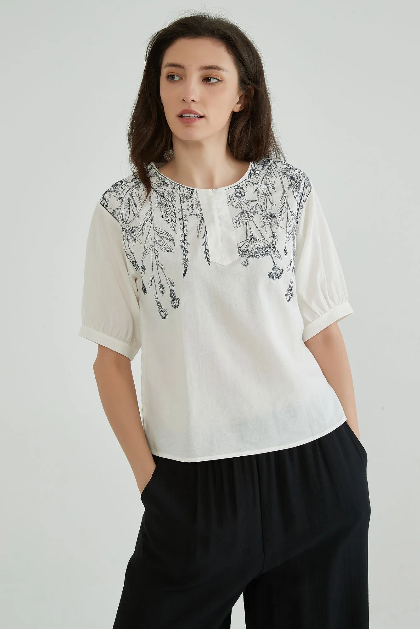Cotton Linen White Embroidered Top