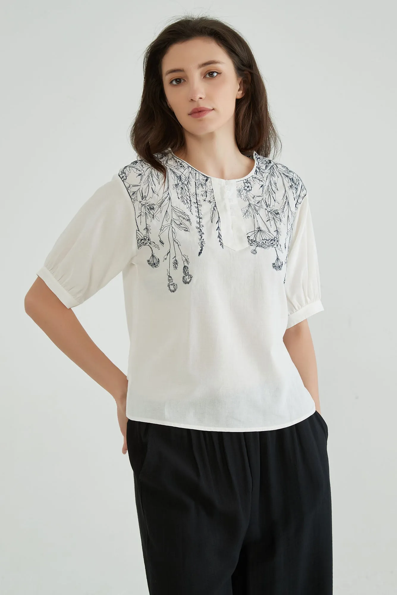 Cotton Linen White Embroidered Top