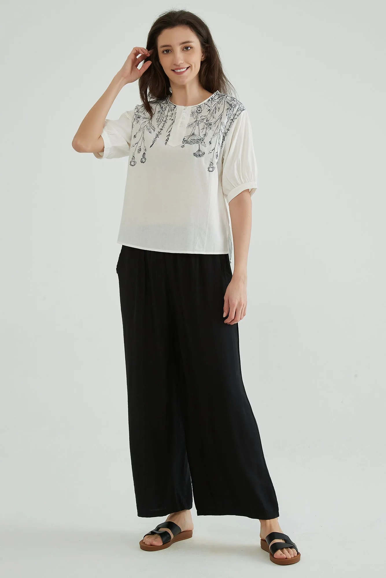 Cotton Linen White Embroidered Top