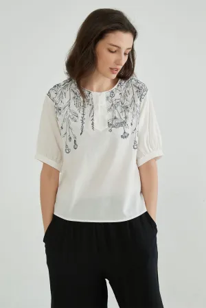 Cotton Linen White Embroidered Top