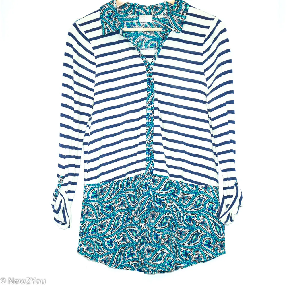 Cream & Aqua Paisley Button Up (9-H15)