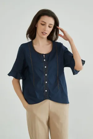 Dark Navy Embroidery Cotton Linen Tops for Ladies