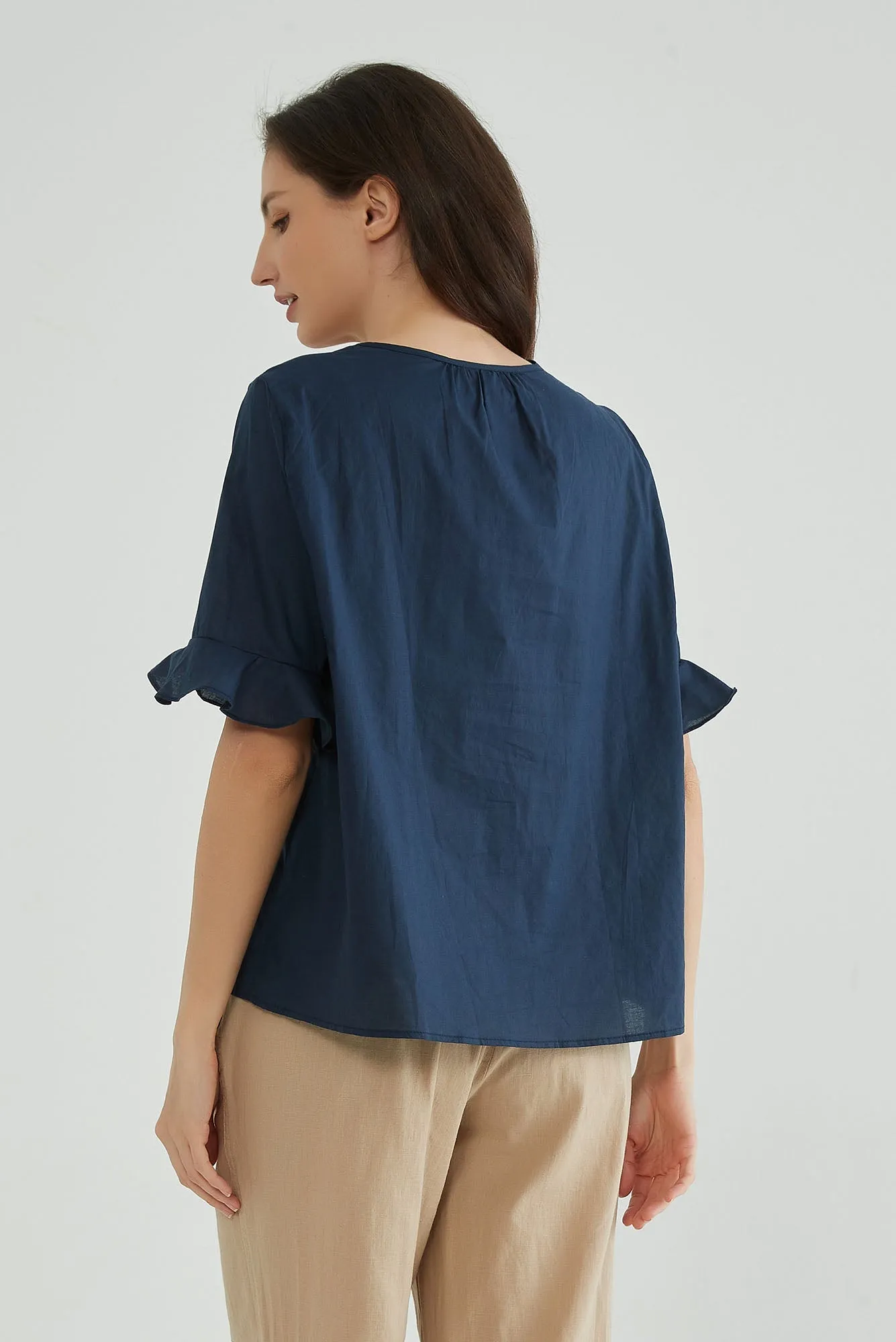 Dark Navy Embroidery Cotton Linen Tops for Ladies