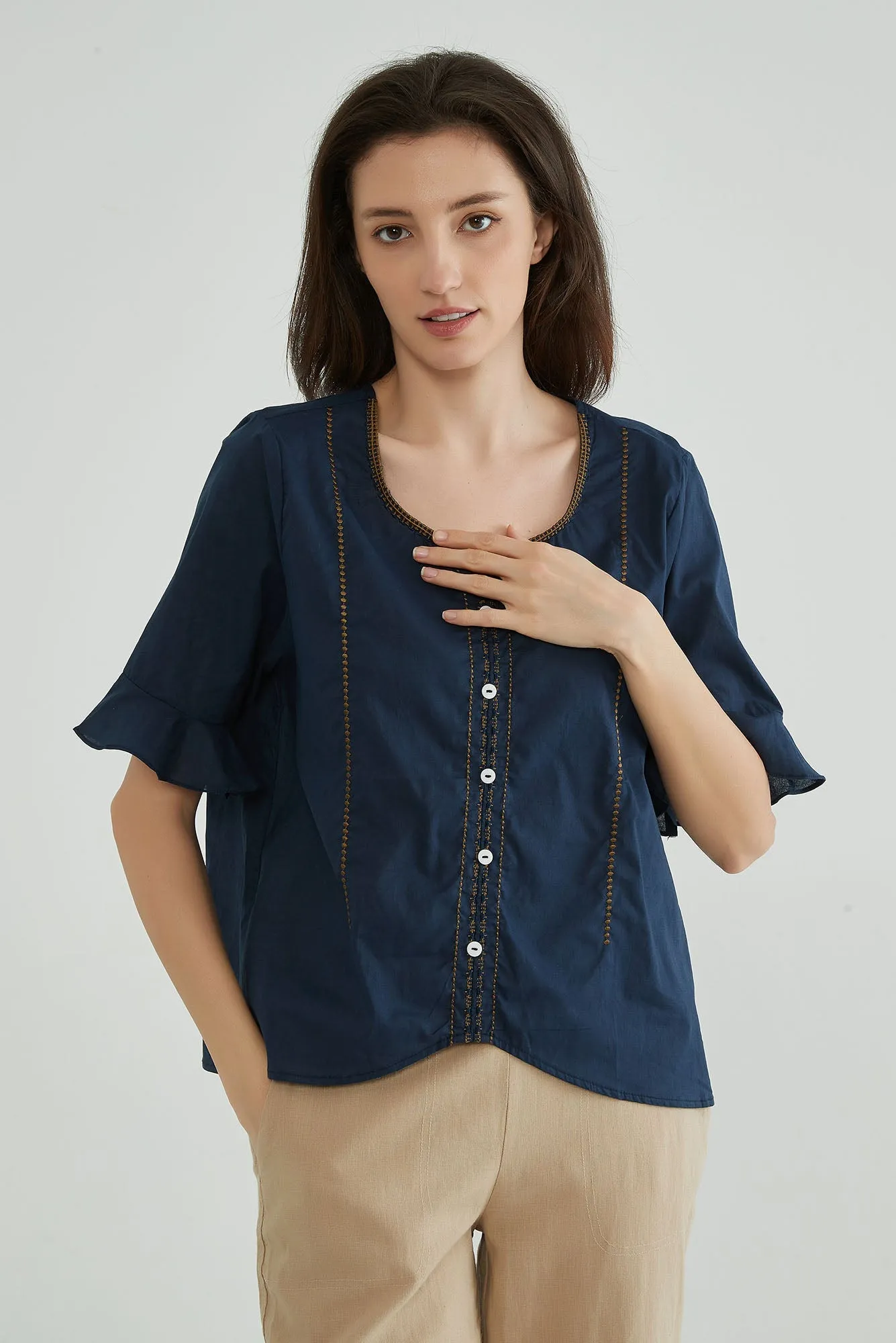 Dark Navy Embroidery Cotton Linen Tops for Ladies