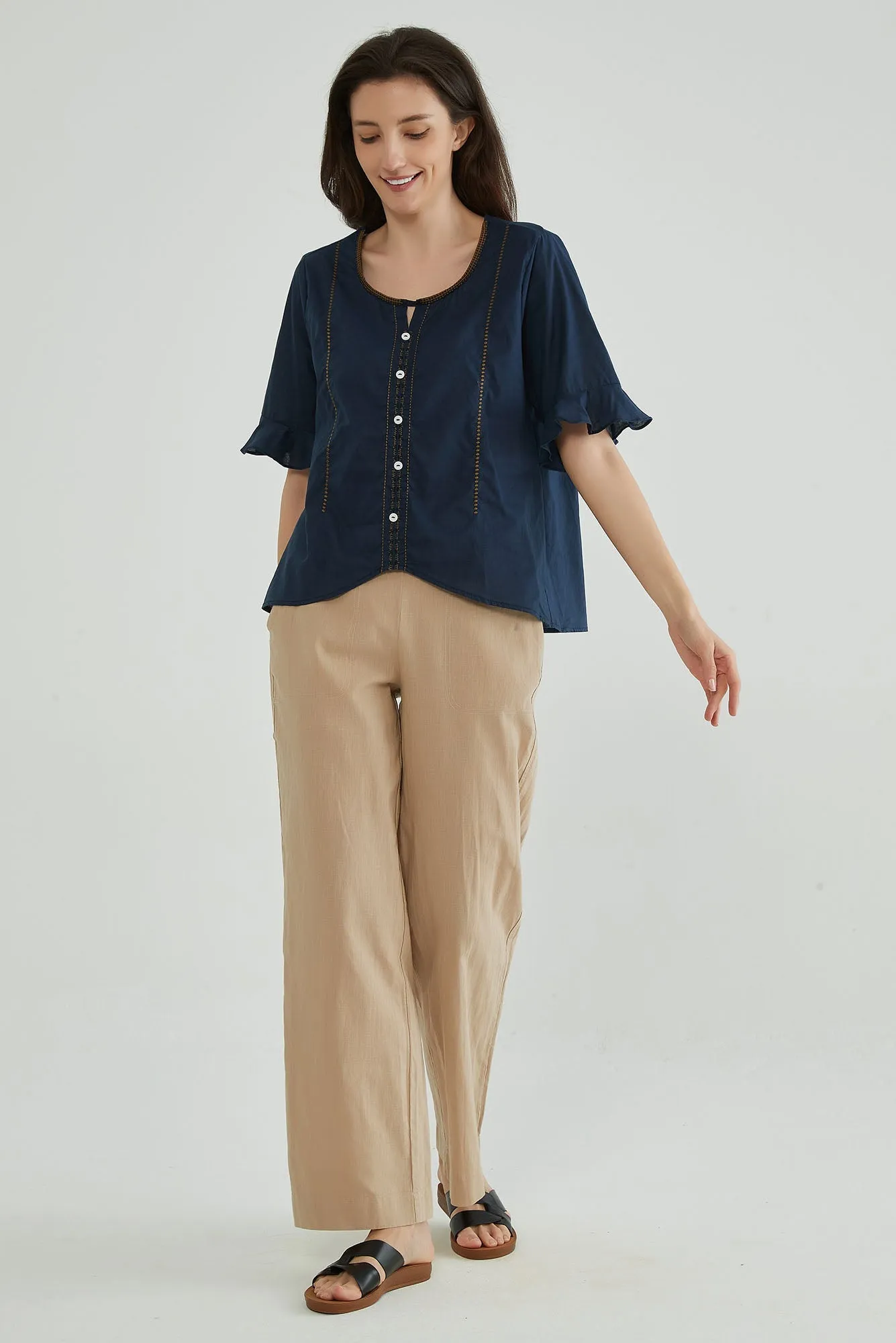 Dark Navy Embroidery Cotton Linen Tops for Ladies