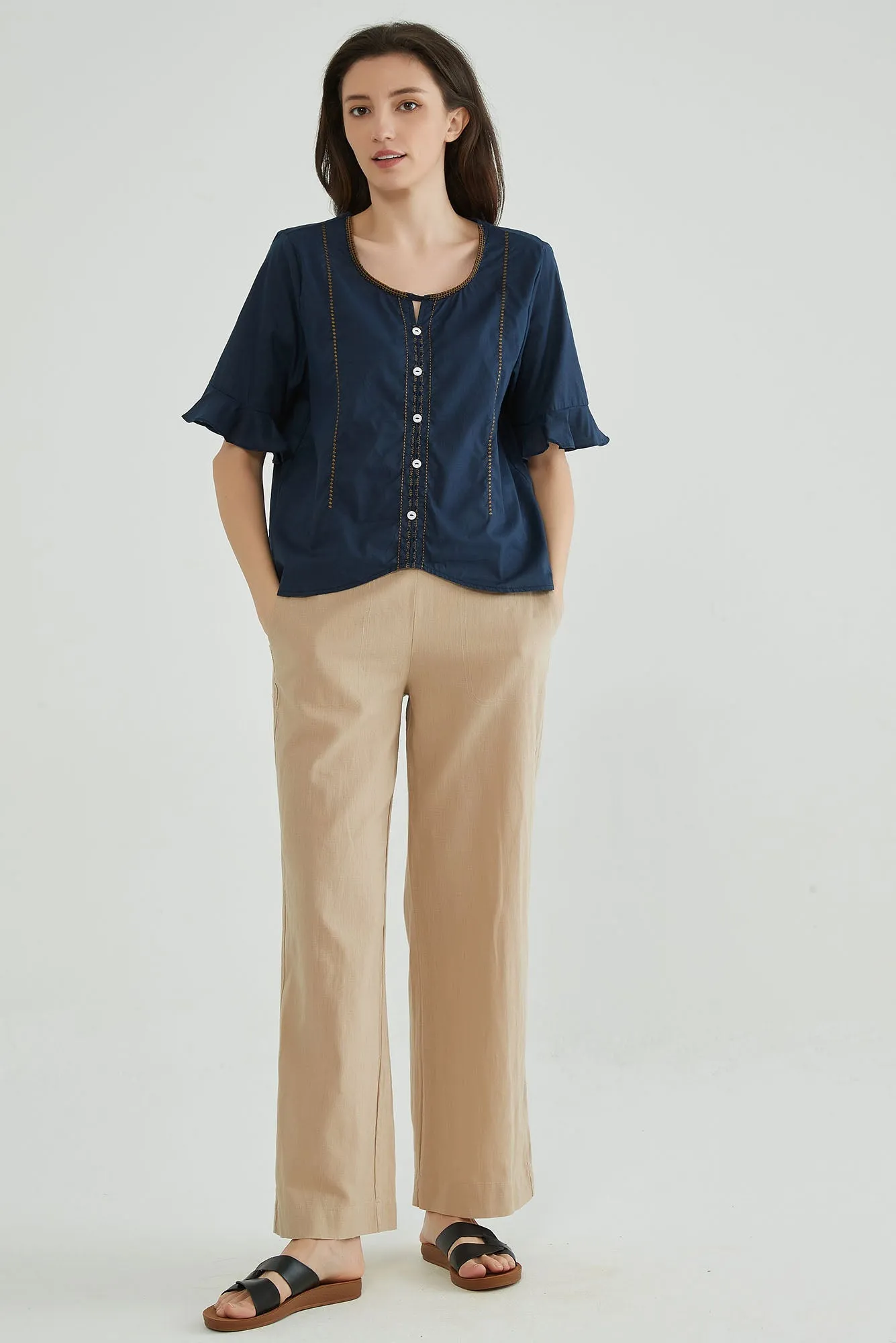Dark Navy Embroidery Cotton Linen Tops for Ladies