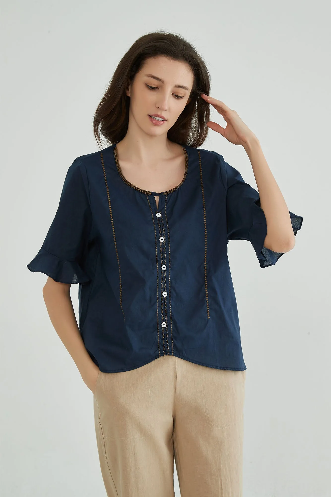 Dark Navy Embroidery Cotton Linen Tops for Ladies