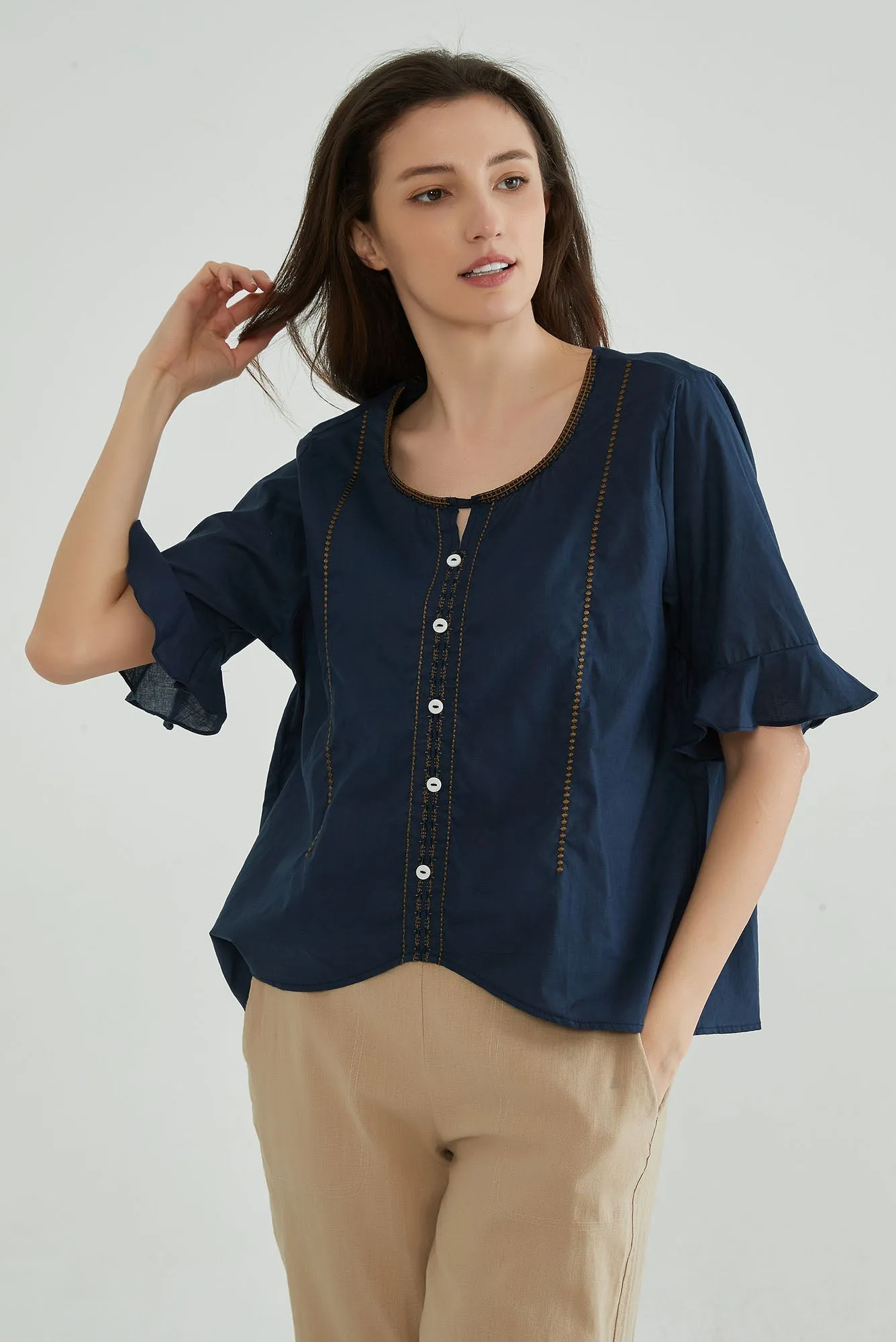 Dark Navy Embroidery Cotton Linen Tops for Ladies