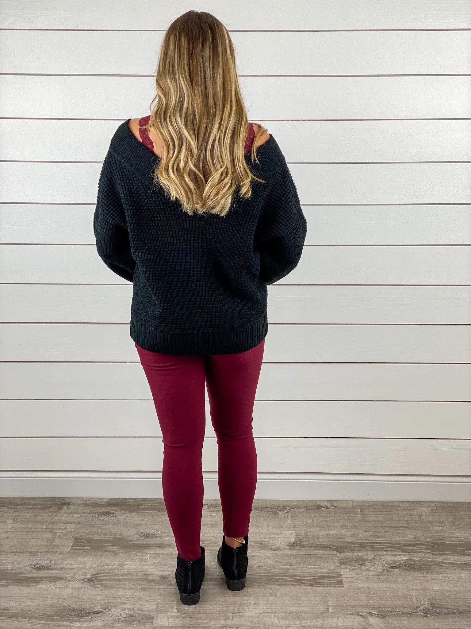 Double-V Waffle Knit Sweater - Black