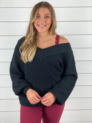 Double-V Waffle Knit Sweater - Black